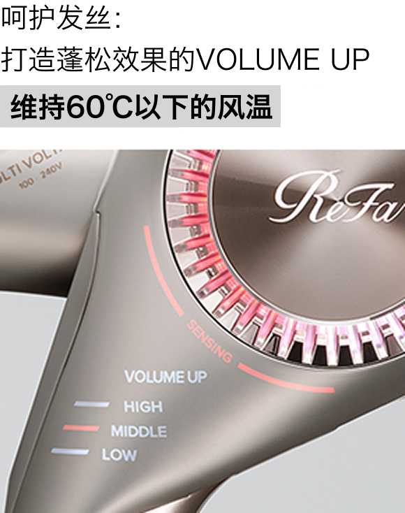 呵护发丝：打造蓬松效果的VOLUME UP 维持60℃以下的风温